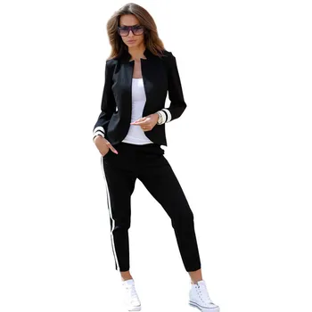 

MVGIRLRU women 2 two Piece Set suits Long sleeve stand-up collar buttonless Black and white tracksuit