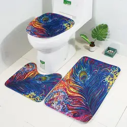 3 шт. фланелевые напольный коврик для туалета набор Противоскользящий коврик для ванной комнаты с Фениксом перо и цветочный принт