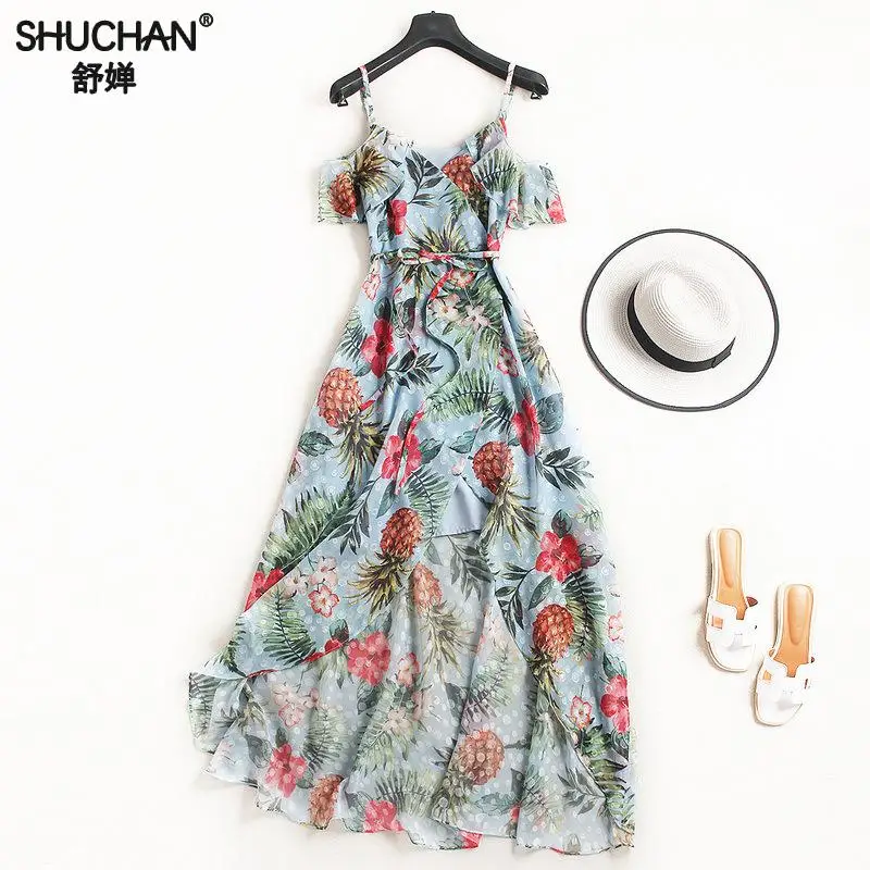 

Shuchan Beach Style Spaghetti Strap Summer Dress 2019 Designer Ruffles Print Long Dresses sundress Irregular High Waist 2575