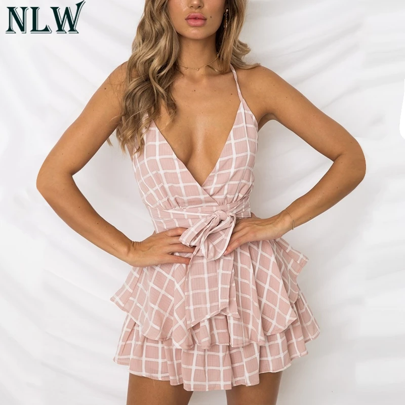 NLW White Ruffle Plaid Jumpsuits Rompers Spaghetti Strap Cross Back Bow Tie Waist Skorts Playsuit Girl Summer Beach Overalls