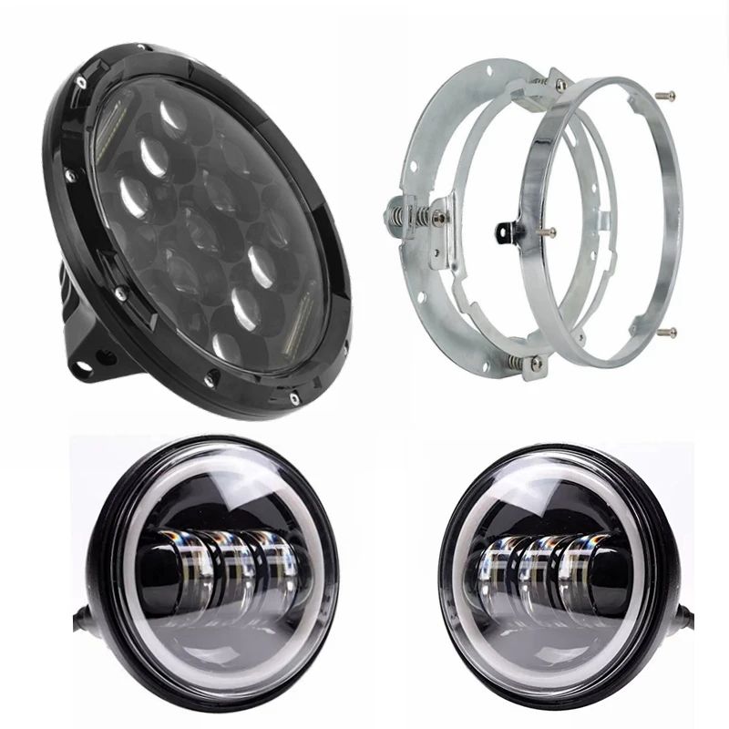 

7'' Round 75w LED Headlight with Bracket Ring Matching 4.5'' White Angle Eye LED Fog Lamps for Harley Davidson Motorcycles
