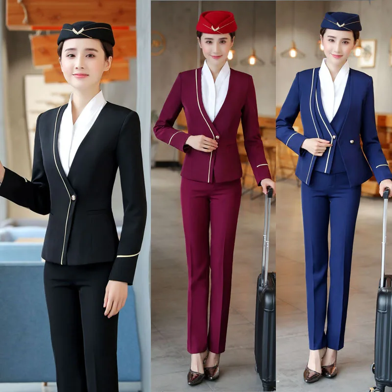 

IZICFLY New Style Slim Business steward Clothes For Women Suits with pant Airline Stewardess Hotel Elegant Work Wear blazer set
