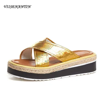 

VIISENANTIN 2019 summer new straw thick-soled cross belt sandals female sponge cake gold silver casual Roman slippers