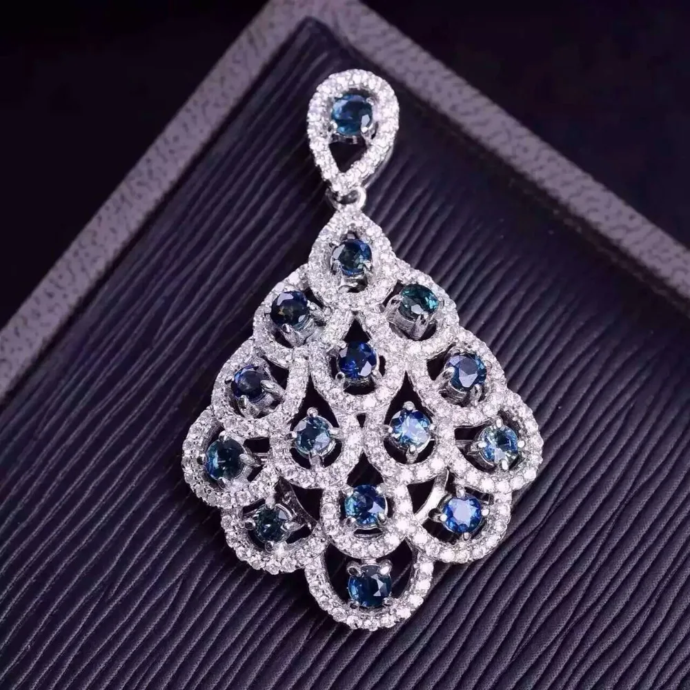 natural blue sapphire pendant S925 silver Natural gemstone Pendant Necklace trendy Elegant fan Phoenix tail women