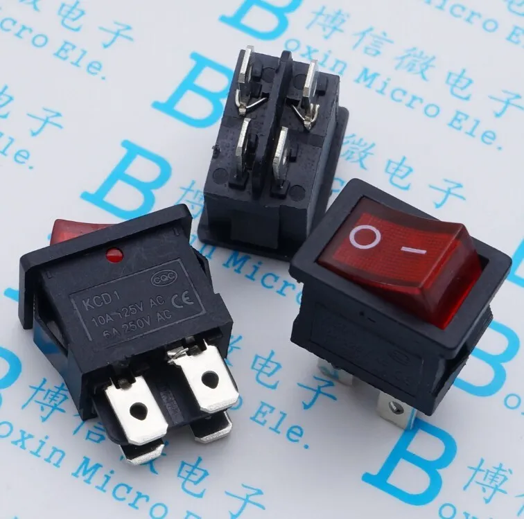 

5PCS/Lot 21x15mm Red ship type switch KCD1-104 4 feet 2 import file with lamp become warped board power switch