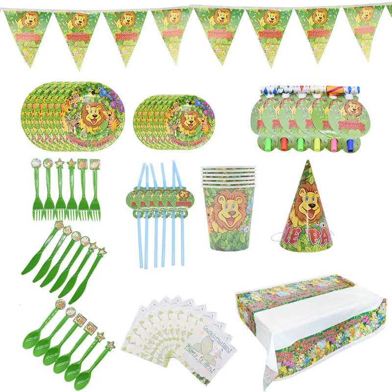 Jungle Party Green Disposable Tableware Animal Safari Birthday Party Cute Animal Decor Paper Plates Cups Tablecloth Supplies