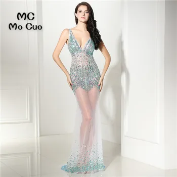 

Backless 2017 Mermaid Prom dresses Rhinestone Crystals long graduation dresses imported party dress Tulle Evening Prom Dress