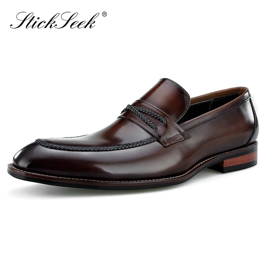 

Luxury Design Genuine Cow Leather Men's Formal Dress Shoes Suqare Toe Slip on Weaved Handmade Comfortable Casual Loafers SK187