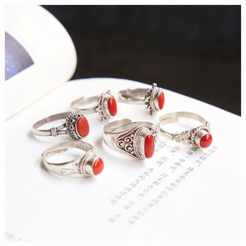 Anillos de plata de ley 925 hechos a mano con incrustaciones de Coral rojo para niñas, joyería Vintage de nepalí, varios diseños T9157
