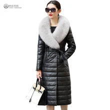 Воротник из натурального меха, натуральная кожа, пальто, черный, плюс размер, Белый утиный пух, верхняя одежда, овчина, кожаная куртка, пальто OK1094