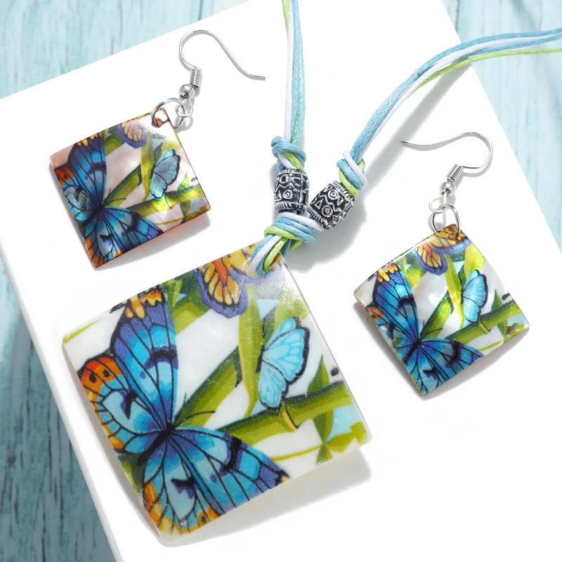 

Bohemian Ethnic Rope Chain Seashell Jewelry Sets Trendy Luxury Geometric Square Pendant Necklace With Drop Earrings Bridal Sets