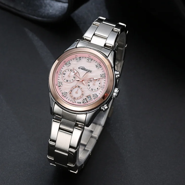 

Designer Business Women Crystals Watches Quartz Calendar Wrist watch Steel Leather Decorated Sub-dial Students Watch Analog W072