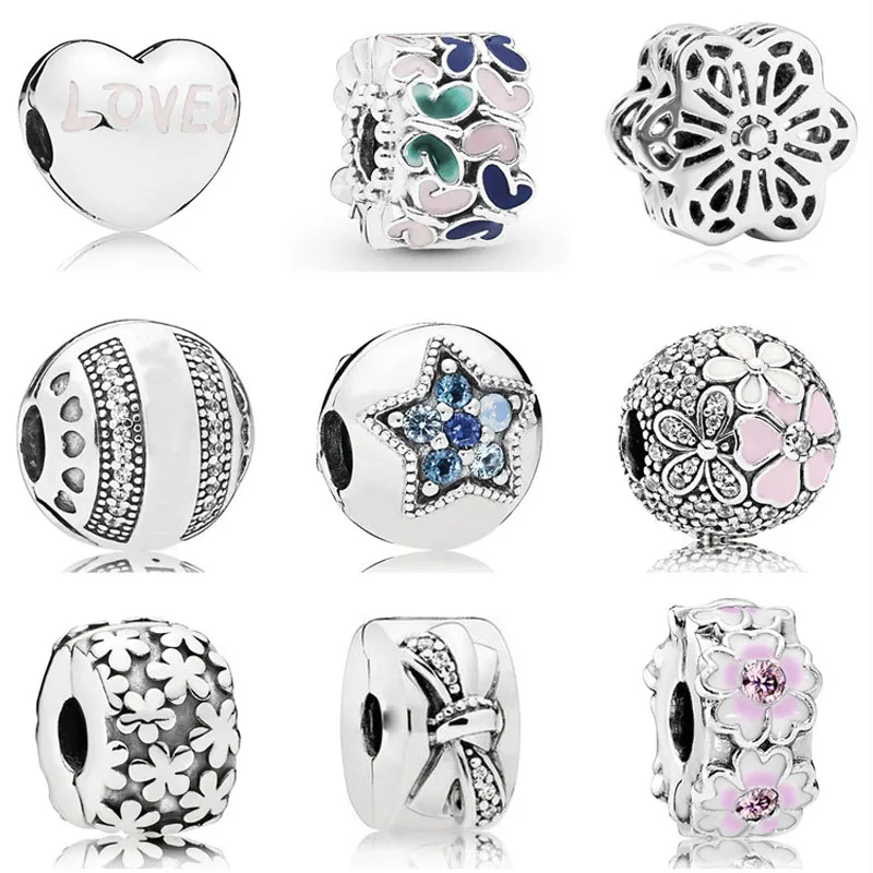 

2019 new 1pc silver flower star snowflake loved butterfly clip safety bead Fit Pandora Charms silver Bracelet for women F088