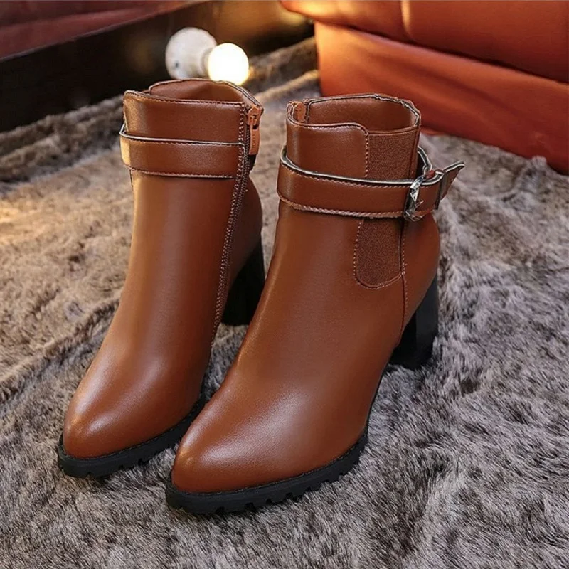 

2019 autumn new shoes pointed fashion side zipper wild casual high heel women's boots brwon 0109
