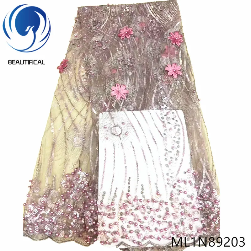 

Beautifical nigerian lace fabrics Fashion style 3d flowers net lace with sequins yards embroidery beads lace fabric ML1N892