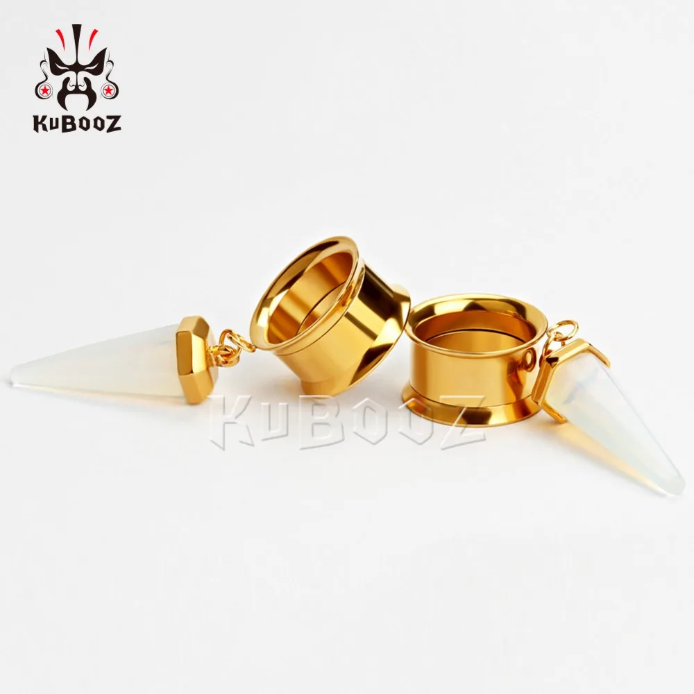 1 Pair Opal-Stone Pendant Golden Stainless Steel Ear Plugs Tunnels Gauges Stretcher Piercings KUBOOZ