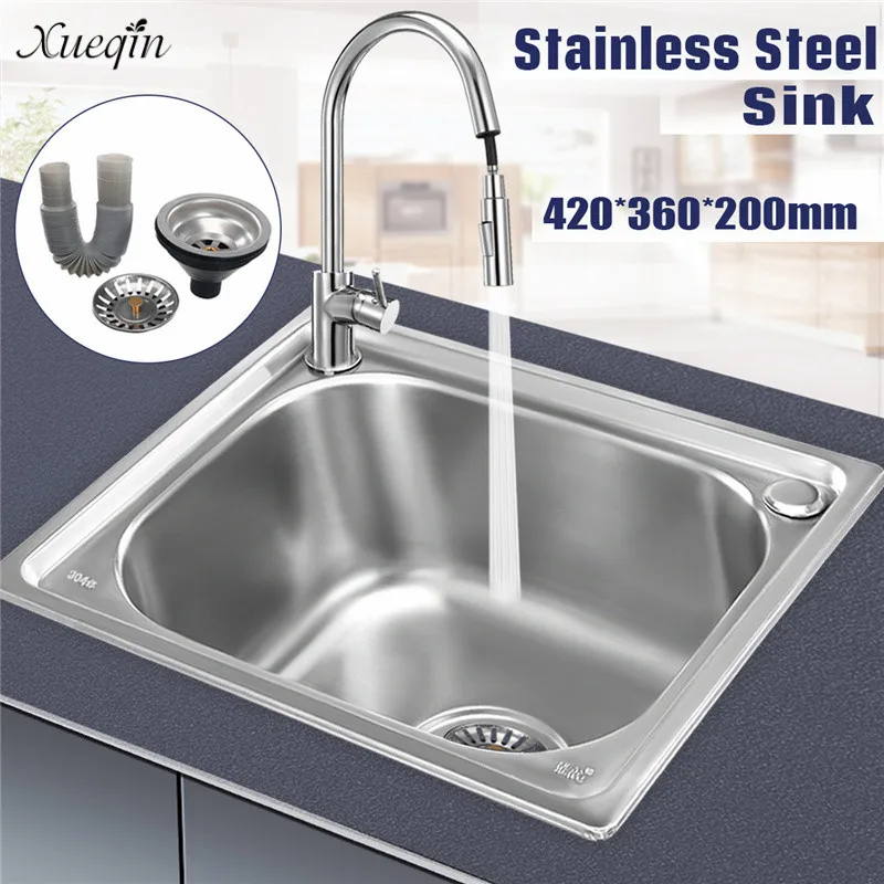 

Xueqin 304 Stainless Steel Handmade Kitchen Sink Basin Single Sink Bowl With Drainer For Water Faucet Dishes Wash 420x360x200mm
