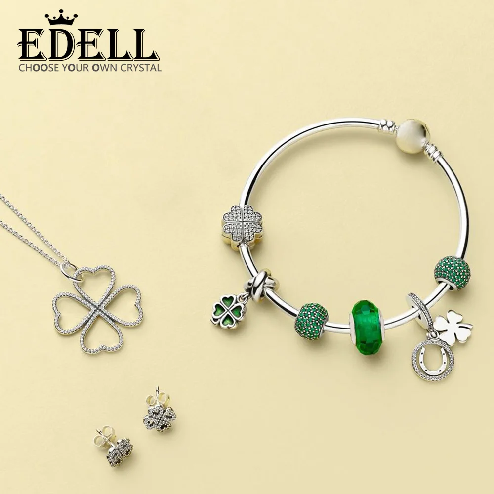 

EDELL 100% 925 Sterling Silver 1:1 Fresh Fashion Summer Four-leaf Clover Necklace Stud Earrings Bangle Set High Quality Jewelry