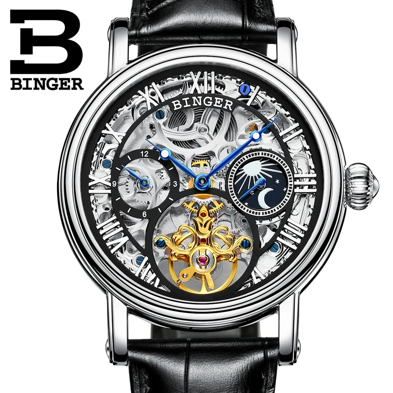 Швейцарские BINGER Skeleton Tourbillon модные повседневные дизайнерские Механические мужские s часы Лидирующий бренд Роскошные автоматические часы для мужчин