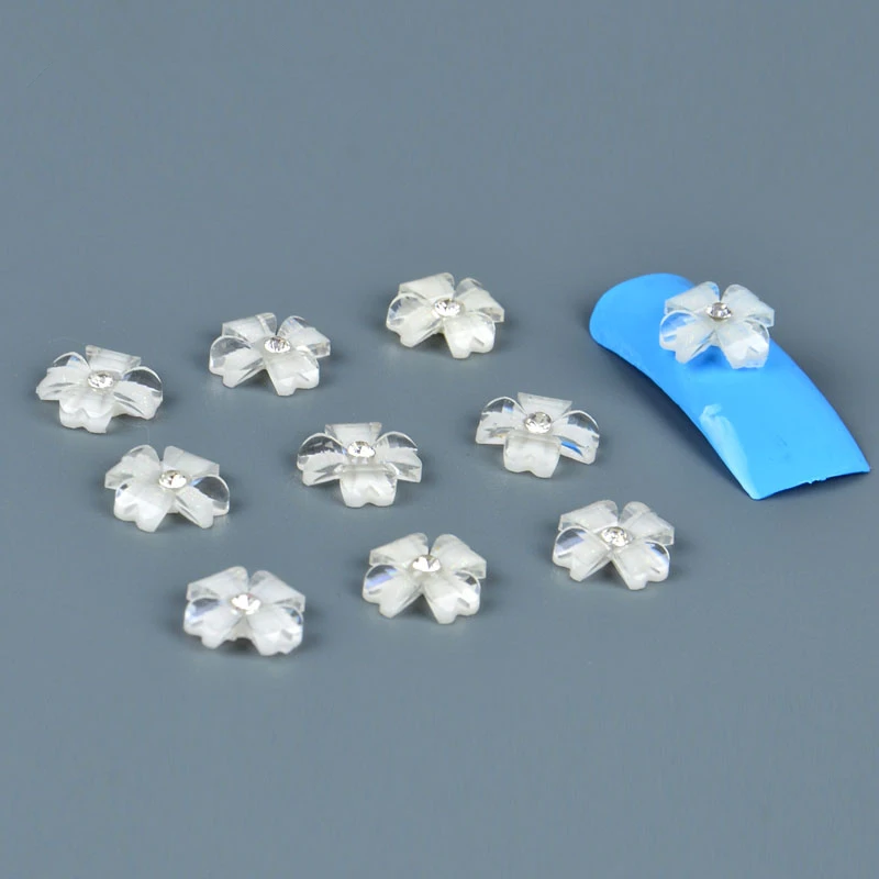 10Pcs 3D Nail Charms Jewelry White Resin Flower Embed Rhinestone