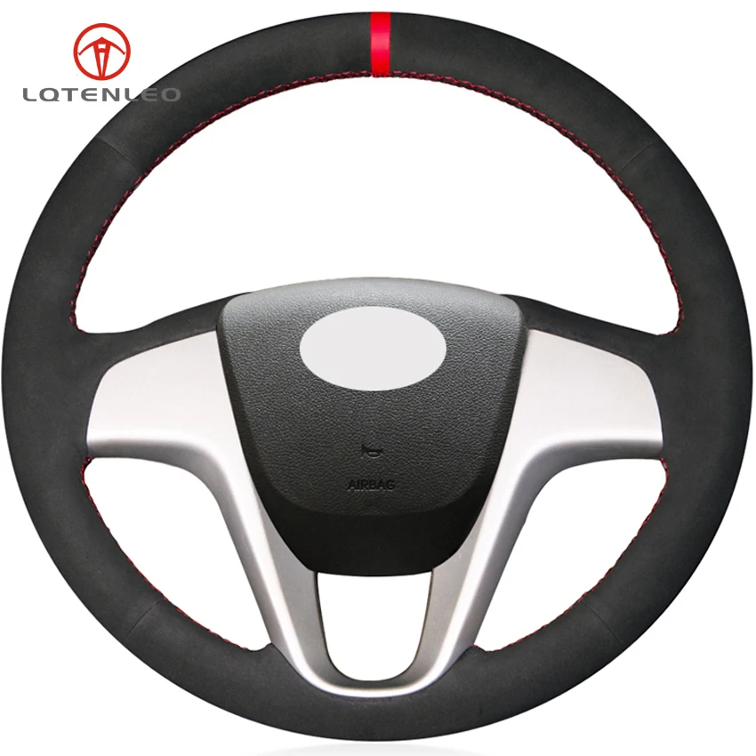 

LQTENLEO Black Suede Hand-stitched Car Steering Wheel Cover for Hyundai Solaris 2010-2016 Verna 2010-2016 i20 2009-2015 Accent