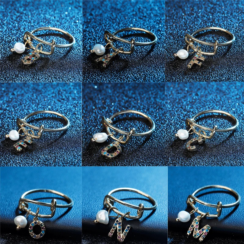 

Alphabet Initial Name Ring Wedding Rings For Women Simple Gold Silver A-Z Letter Ring Female Party Pearl Jewelry Gift Size8