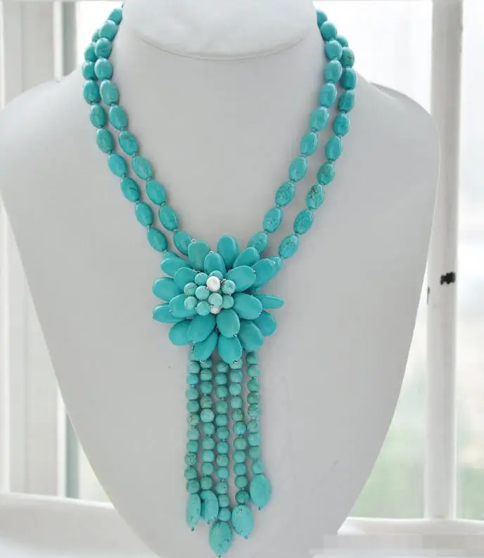 

song voge gem nanJ0872 2strands blue rice round turquoise bead flower necklace