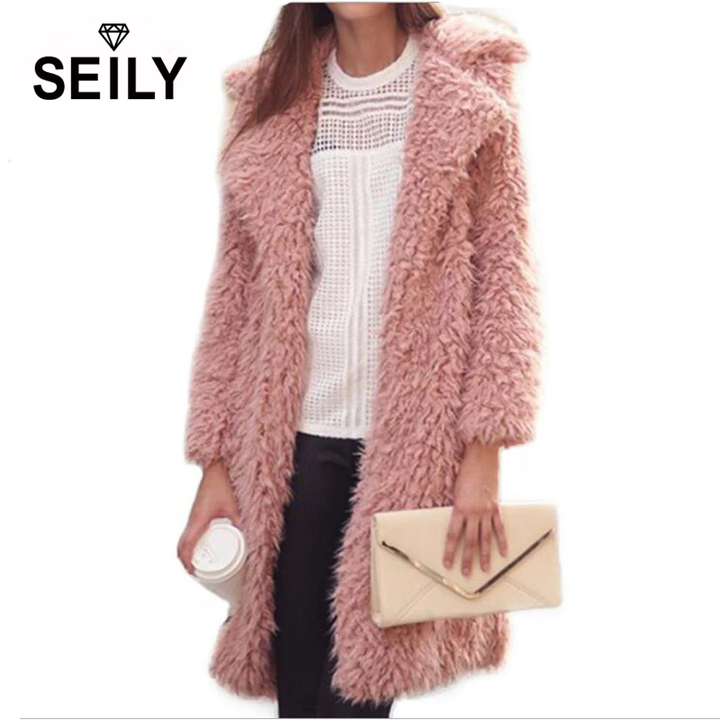Seily Winter Luxury Pink Long Sleeve Faux Fur Fluffy Jacket Plush Fake Lamb Wool Fur Turn Down Collar Furry Coat Women Cardigan