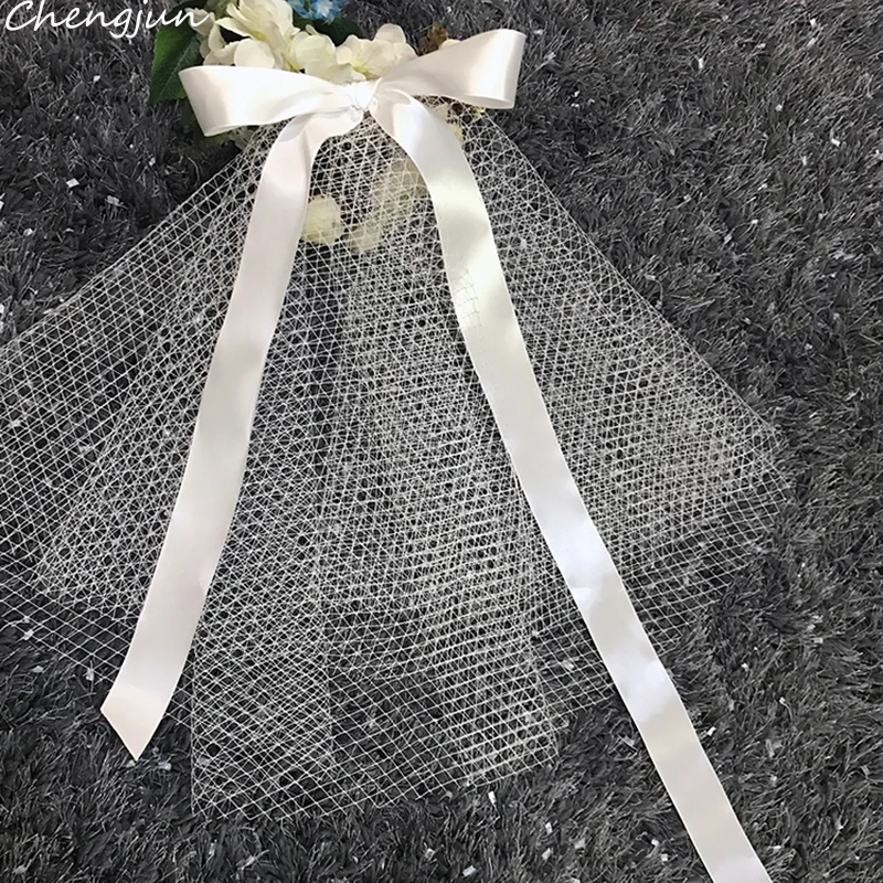 Chengjun уникальные свадебные аксессуары для волос с бантом ленты Короткие Свадебные вуали