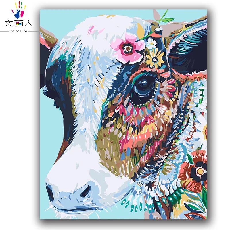 

Colorful Cow abstract painting by numbers animals on canvas drawing for coloring by numbers with paint package for hoom decor