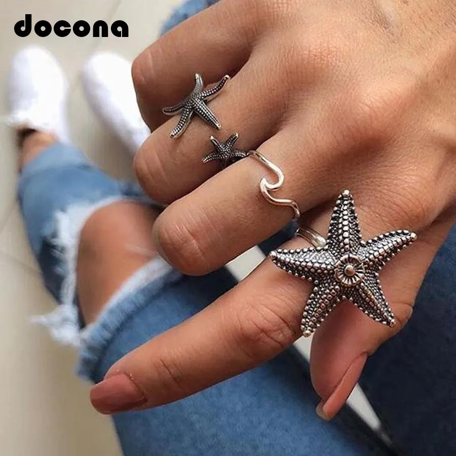 

Docona Antique Silver Color Starfish Ring for Women Boho Animal Knuckle Midi Rings Statement Jewelry Anillos 6558