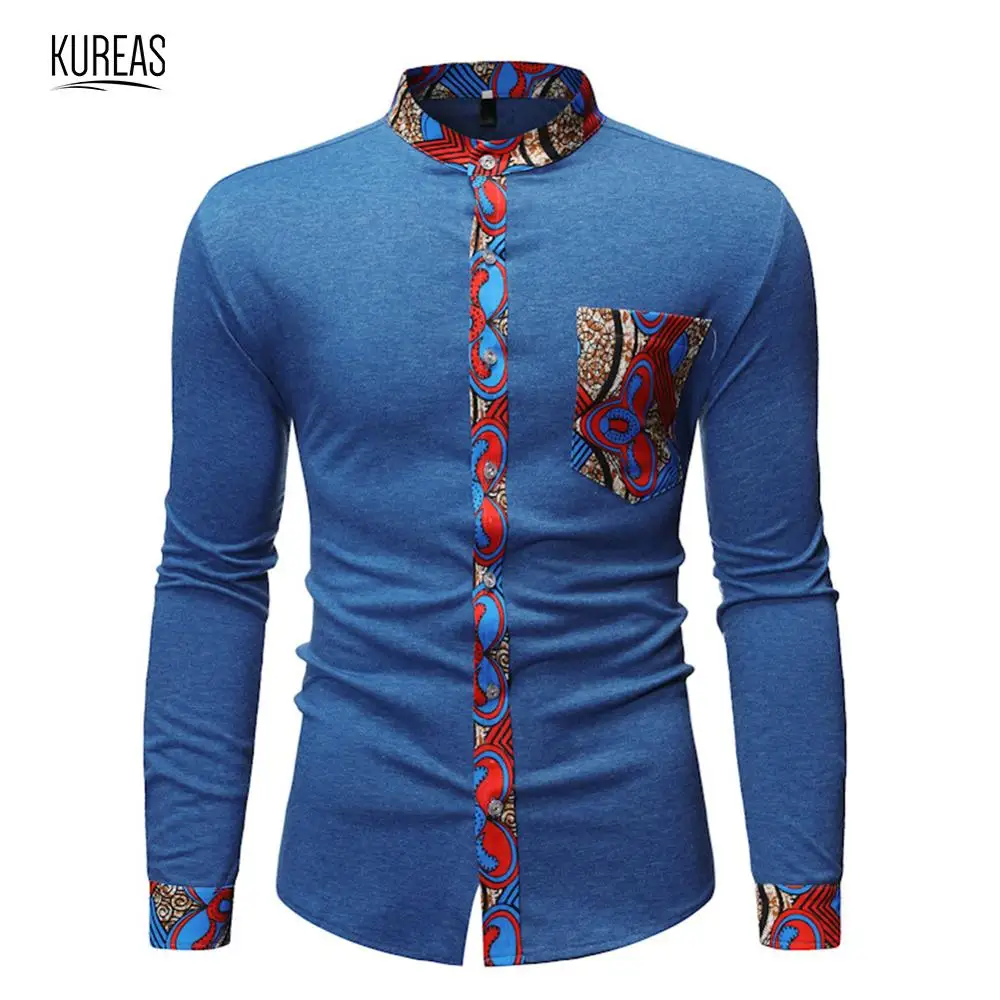 

Kureas African Clothes Men Dashiki Shirt Tribal Stand Collar Long Sleeve Blouse Patchwork Casual Ethnic Style Slim Fit