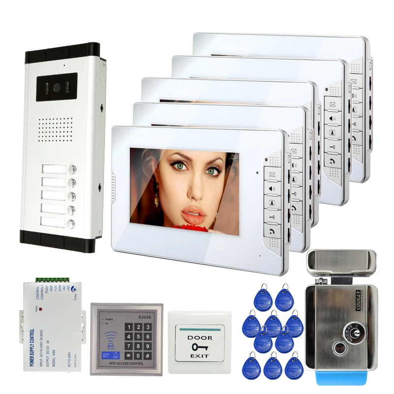 

FREE SHIPPING New 7" Color Screen Video Intercom Door Phone System 5 Monitors 1 Doorbell Camera For 5 Family + Electric Lock