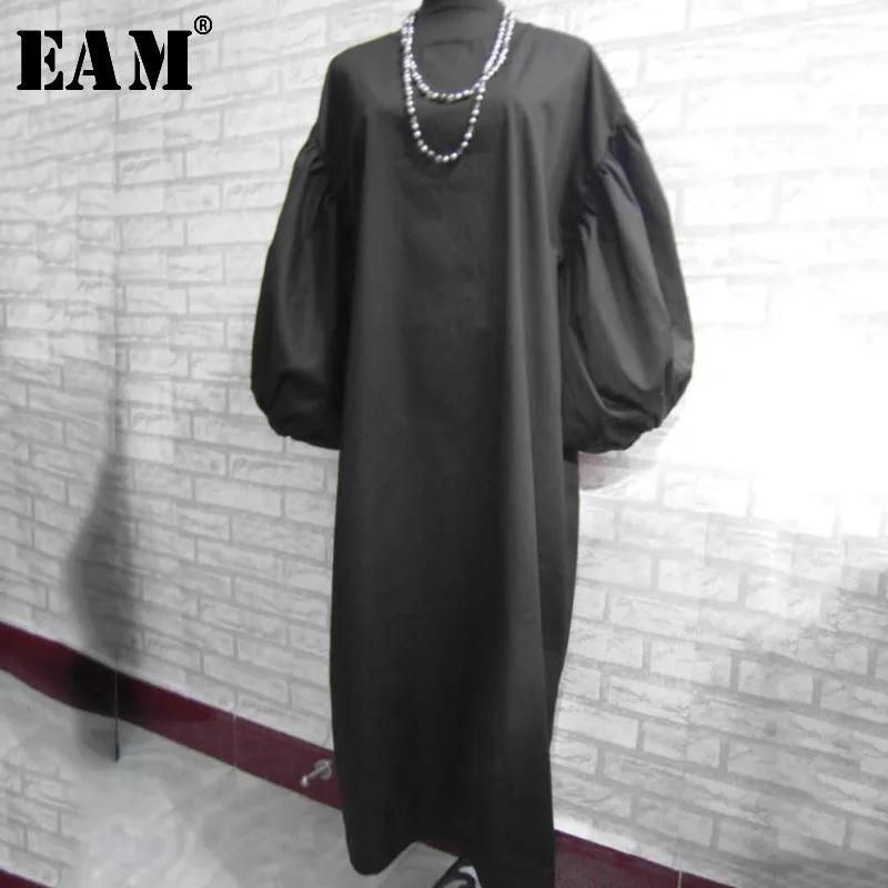 

[EAM] 2019 New Spring Summer O Collar Lenter Sleeve Loose Vintage Mid -calf Pullover Long Dress Women Fashion Tide OB180
