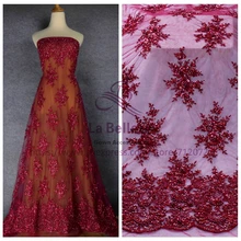 La Belleza 1 ярд тяжелый ручной работы бисером кружевной ткани вина/слоновой кости/серый свадебное платье кружевной ткани 4" Ширина