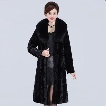 

110 cm long natural mink fur coat women real fox fur collar 2019 autumn winter fur jacket plus size M - 7XL