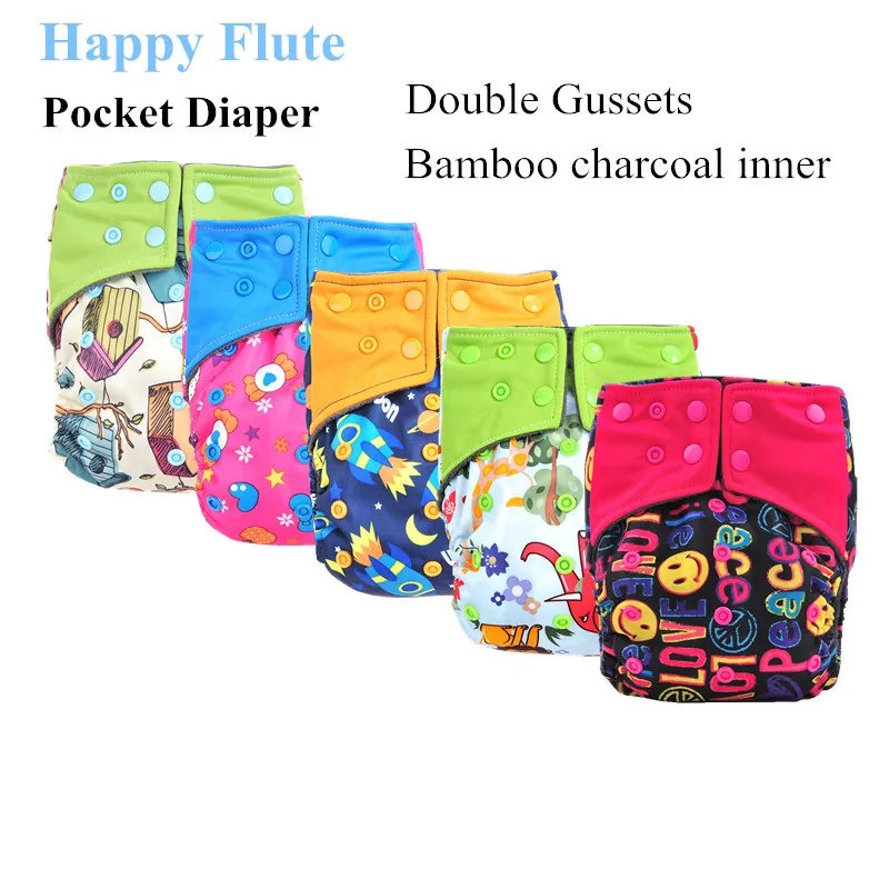 

10pcs/ Lot Happy Flute Cloth Diaper Reusable Diapers Cloth Nappy, Bamboo Charcoal Double Gussets Pocket Diaper without insert