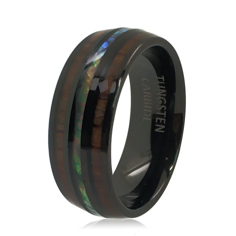 

8mm Hawaiian Koa Wood and Abalone Shell Black Tungsten Carbide Rings Simple Cool Style for Men Women
