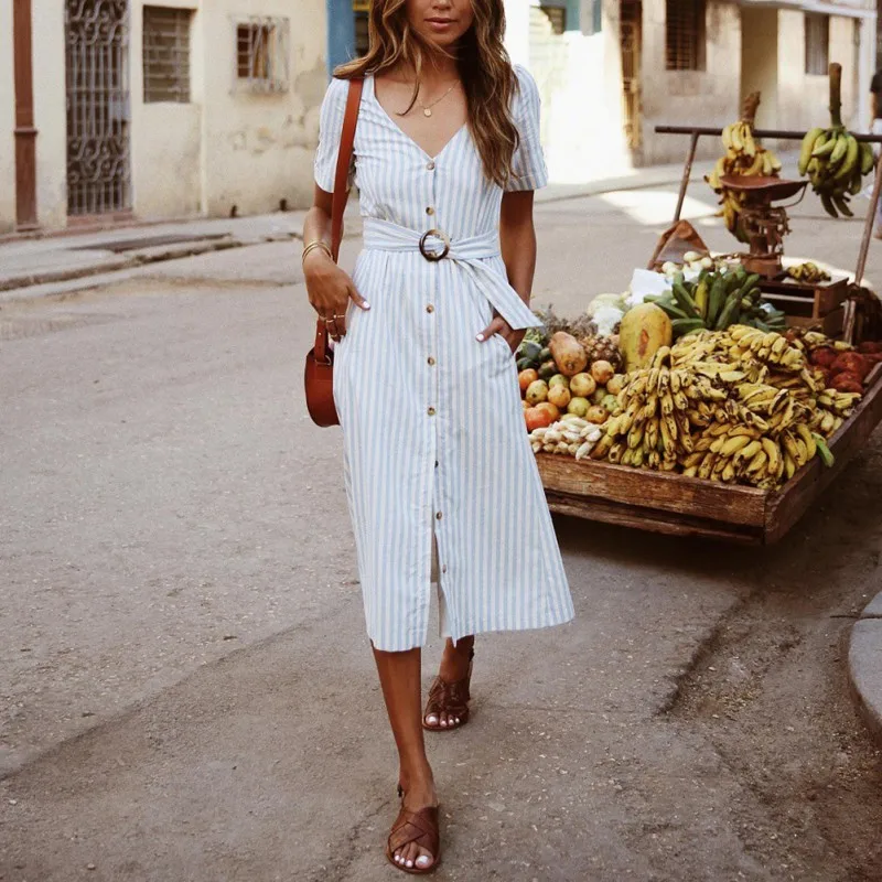 

Women Summer Dress Striped Beach Dress Sexy V Neck Button Party Dress Vestidos Female Short Sleeve Midi Dresses 2019