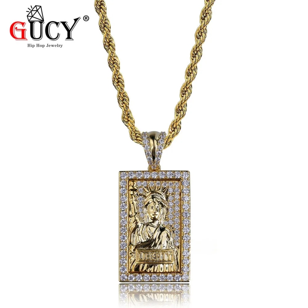 

GUCY Hip Hop Rectangle Pendant Necklace Micro Pave Cubic Zircon Statue of Liberty Gold Silver Color Plated Pendants & Necklaces