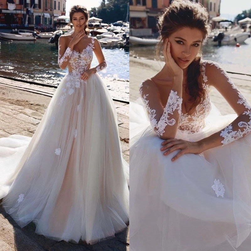 

V Neck Lace Wedding Dress With Sheer Long Sleeves vestidos de novia 2019 A Line Tulle Bridal Dress Sweep Train Wedding Gowns