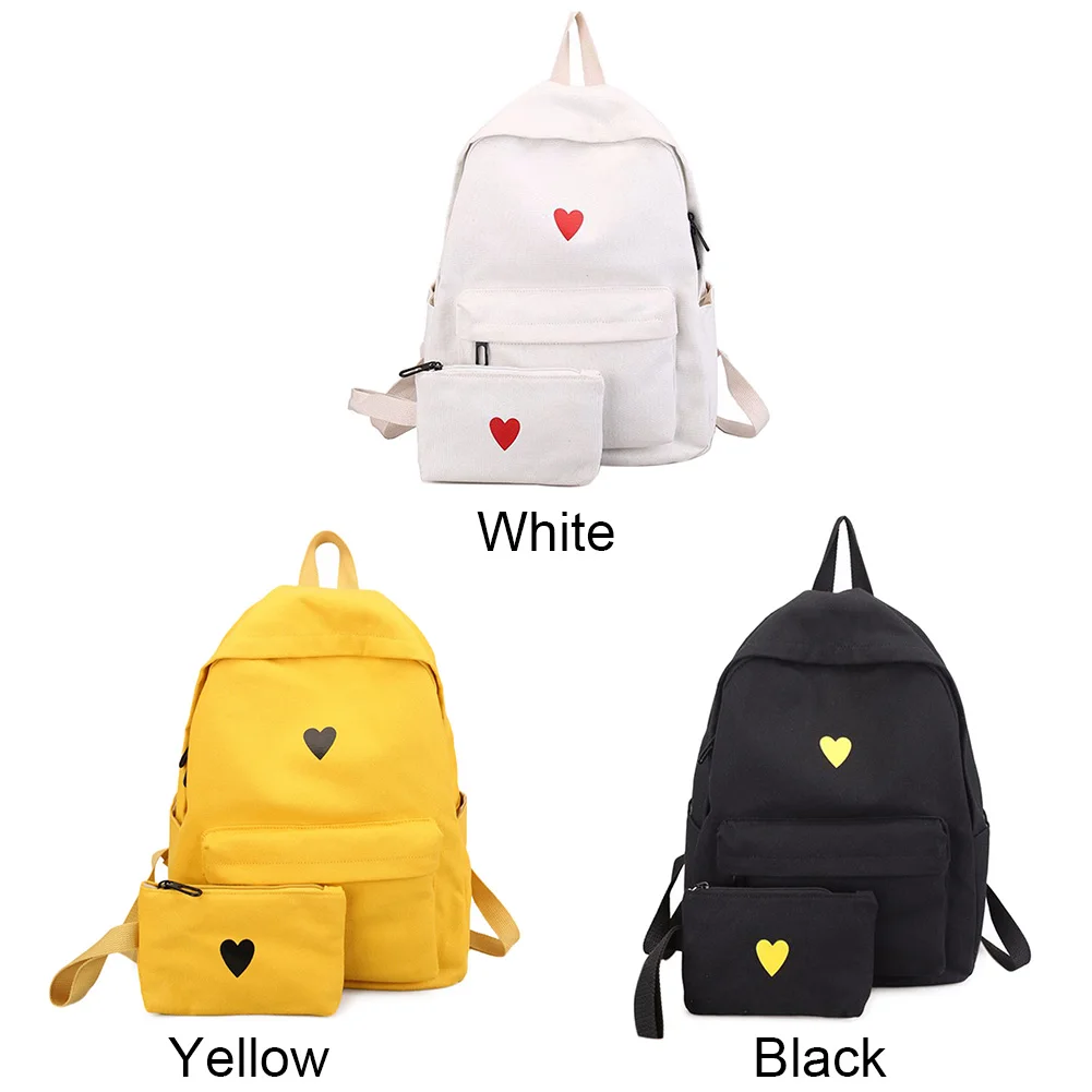 

Sweet Canvas Love Heart Printed Backpack with Small Cloth Bag Students Travel School Laptop Backpack LBY2018