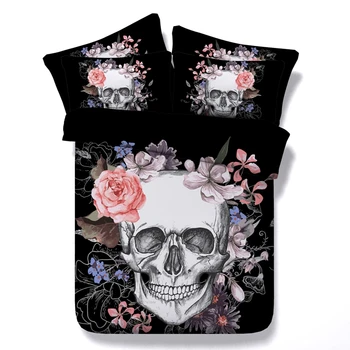 

3D Linen Bedsheets Skeleton Skull Bedding Set Death's-Head Design Twin King Queen Bedclothes Duvet Cover Set