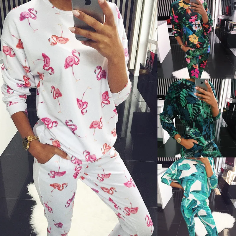 

Large size Women's Suit 2019 autumn new fashion two-piece long sleeve printing round neck casual suits women