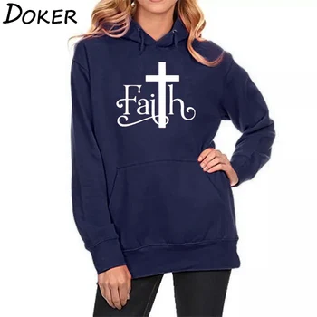 2020 Autumn New Faith Letters Print Hoodies Women Casual Pocket Sweatshirts Plus Velvet Warm Oversized Kawaii Pullover Hoodies