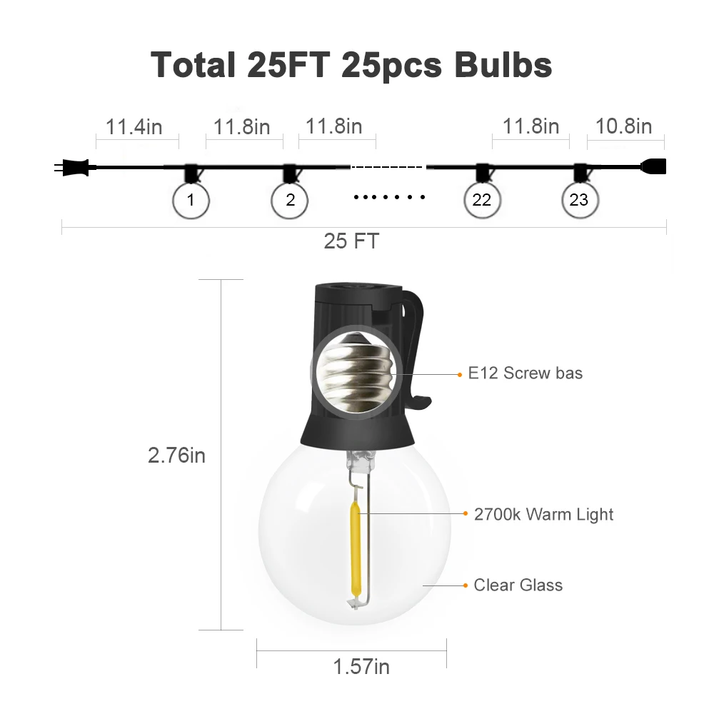 G40 светодиодный светильник-гирлянда с прозрачными круглыми лампами 25 футов, подвесной светильник для помещений и улицы, водонепроницаемый декоративный светильник для патио и сада, ресторана
