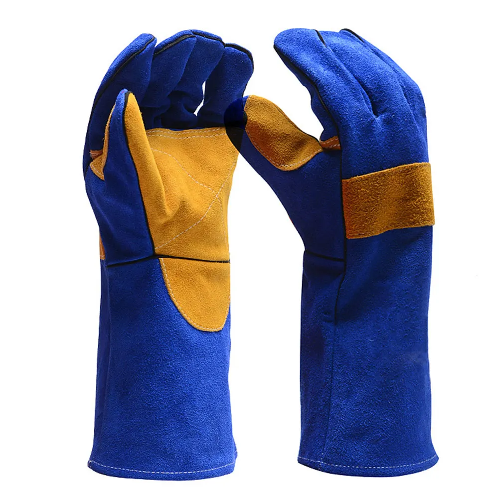 Кожаные сварочные перчатки-Жаростойкие/огнестойкие, для сварщика/печи/камина/обработки животных/BBQ-Blue 40