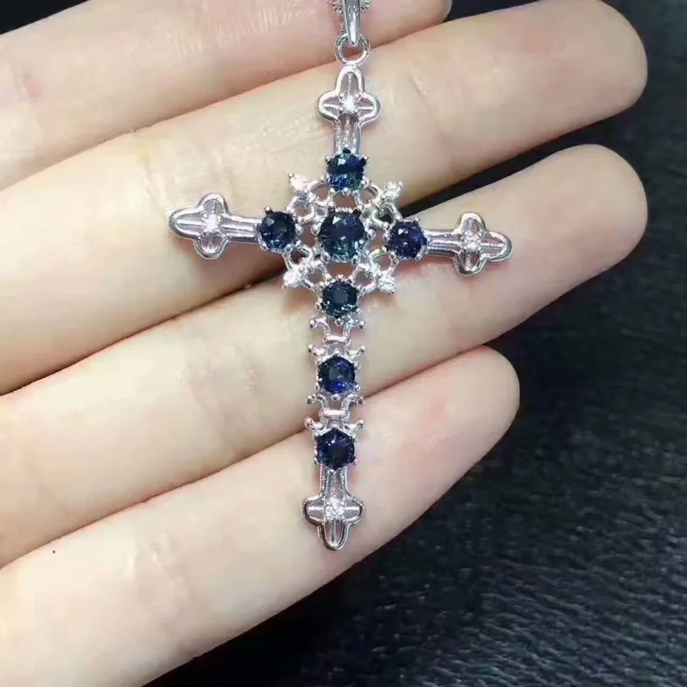 

natural blue sapphire Pendant natural gemstone pendant 925 sterling silver Elegant personality cross Women precious jewelery