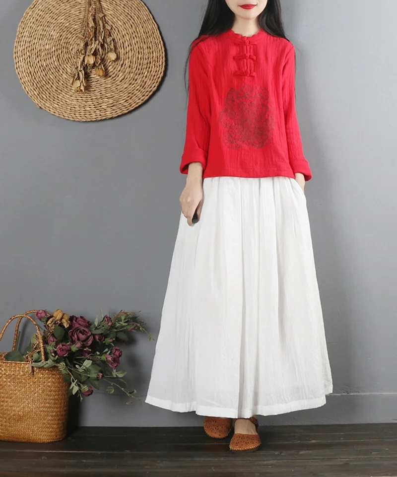 Традиционная китайская рубашка Длинные рукава воротник-стойка блузки женские одежда в стиле Дзен отбеленный хлопок льняная блузка AA4617