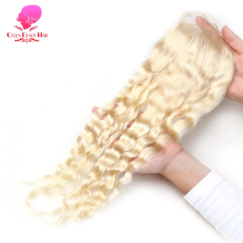 

QUEEN BEAUTY 613 Blonde Curly Hair Swiss Lace 4*4 Lace Closure With Baby Hair Free Part Brazilian Honey Blonde Remy Human Hair